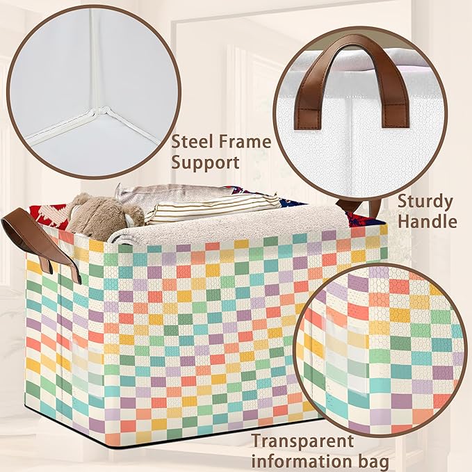 Collapsible Storage Bin - Foldable Fabric Organizer Basket with Handles for Home, Closet, Toy Room - Colorful Checkered Pattern (17x11.5x10.5 Inches) - Single Pack