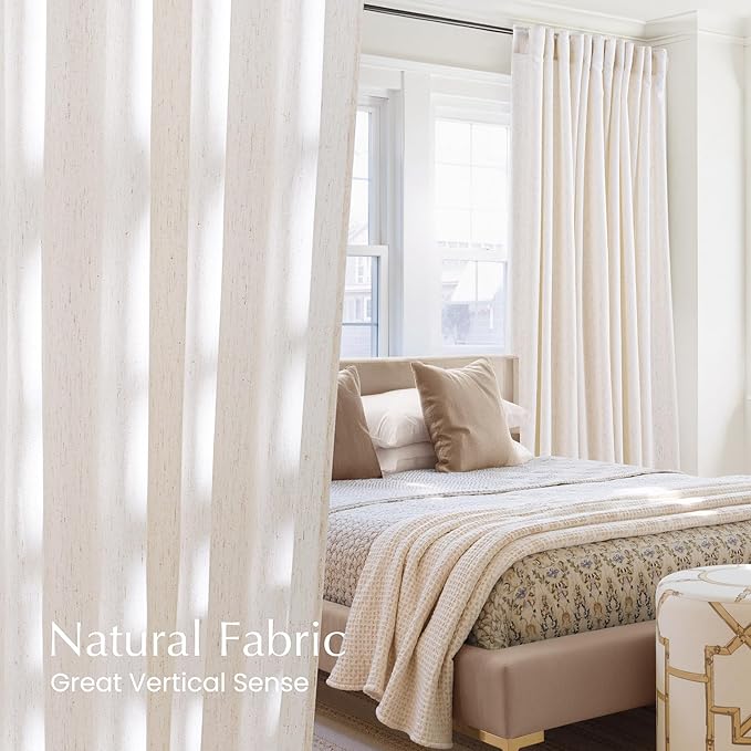 NICETOWN Natural Linen Cream 108 inches Long Curtains, Pleat Tab Privacy Added Curtains & Drapes with Light Filtering Window Treatments for Living Room/Bedroom, W52 x L108, 2 Panels