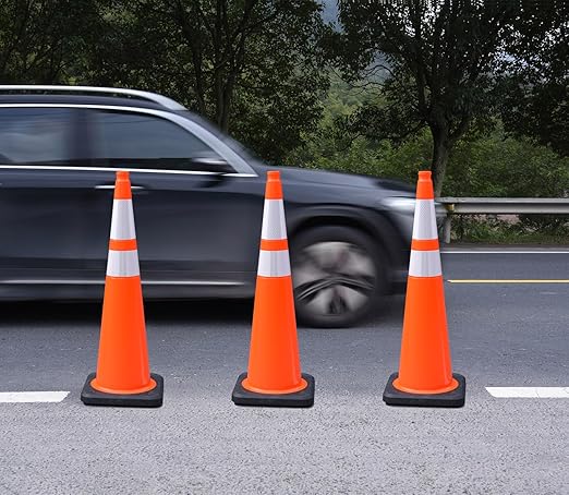 Fluorescent Orange/Green PVC Traffic Cones, Heavy Black Base Parking Lot Cone Structurally Stable Weatherproof Road Construction Safety Cones (8, Orange, 36" Extra Large)
