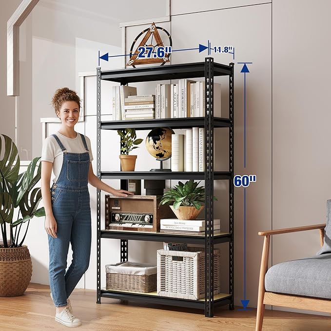 WORKPRO 2180LBS Garage Shelving Unit, Heavy Duty 5-Tier Adjustable Storage Shelf, Shelving Units and Storage for Kitchen, Basement or Pantry, 27.6”Wx11.8”Dx60”H, Black