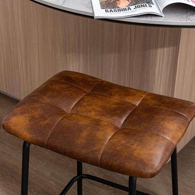 DUHOME 24” Square Tufted Counter Bar Stools Set of 2, Breathable Faux Leather Upholstered Barstool with Footrest, Backless Stool for Kitchen Counter Island Bar, YellowishBrown