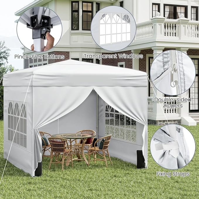 Tangkula 10x10 FT Pop Up Canopy, Outdoor Canopy Tent with 2 Removable Sidewalls & 2 Zippered Doors, Heavy-Duty Carbon Steel Frame, Wheeled Bag, 4 Sandbags, 8 Stakes, 4 Wind Ropes for Party Event
