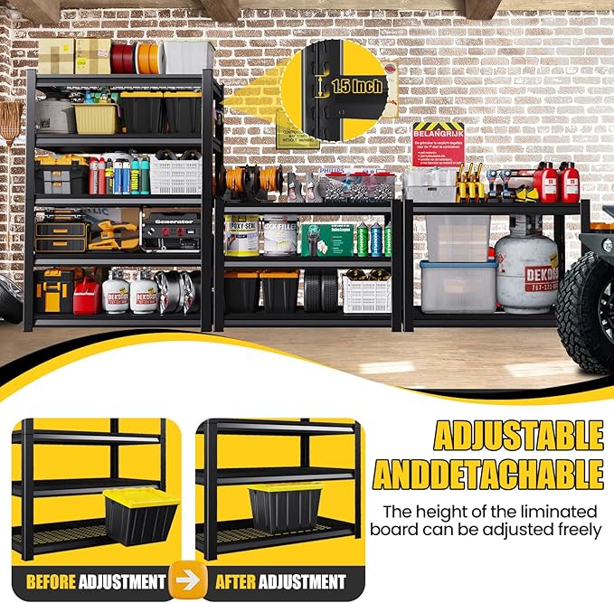81”H*46”W Garage Shelving Heavy Duty Storage Shelves, 5-Tier Metal Adjustable Shelving Unit, 3000LBS Utility Garage Organizer Shelf Rack for Pantry, Kitchen, Warehouse, Black