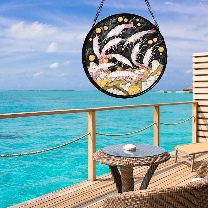 Stained Glass Window Hanging - Pink Shrimp Suncatcher for Doors Garden Marine Life Sun Catchers Decor Christmas Mother's Day Birthday Gifts for Women Men Mom Nana Friend Boys Girls 11.8 in