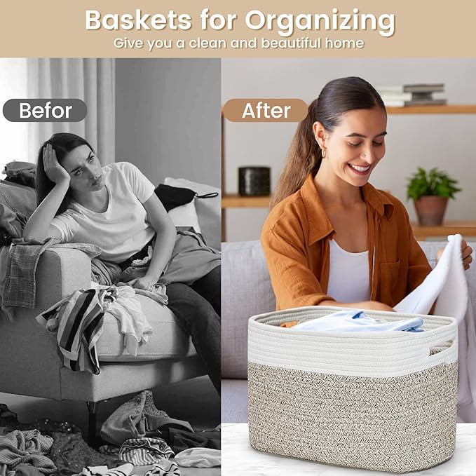 Shelf Woven Storage Basket, 15 x 10 x 9” Closet Rope Baskets For Organizing, Square Bins with Handles, White+Rice Brown 1 Pack