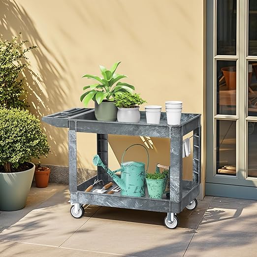 DWVO Service Utility Cart on Wheels, 550 lbs 2 Shelf Heavy Duty Rolling Carts, 45 x 25 in Plastic Cart Work Carts with Wheels for Warehouse Garage School & Office, Cleaning
