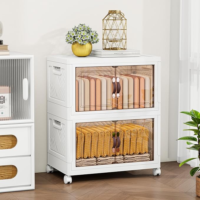 Storage Bins with Lids and Wheels, 199QT-99.5QT*2Tier Collapsible Bathroom Storage Cabinet with Clear Doors, Plastic Stackable Closet Organizers and Containers White
