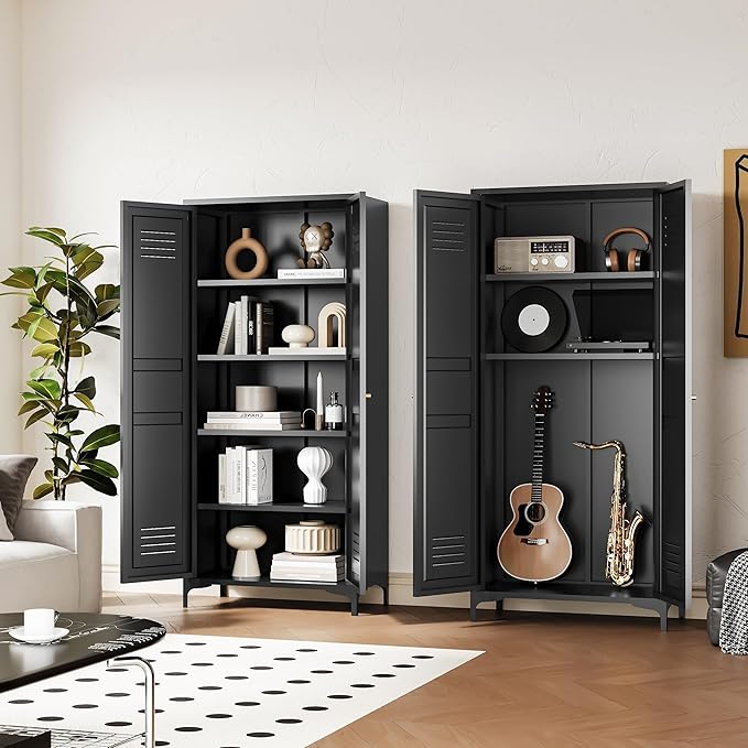 Metal Storage Cabinet-61” Tall Steel File Cabinets with Doors and 4 Adjustable Shelves-Black Steel Storage Cabinet for Home,Kitchen, School, Office, Garage