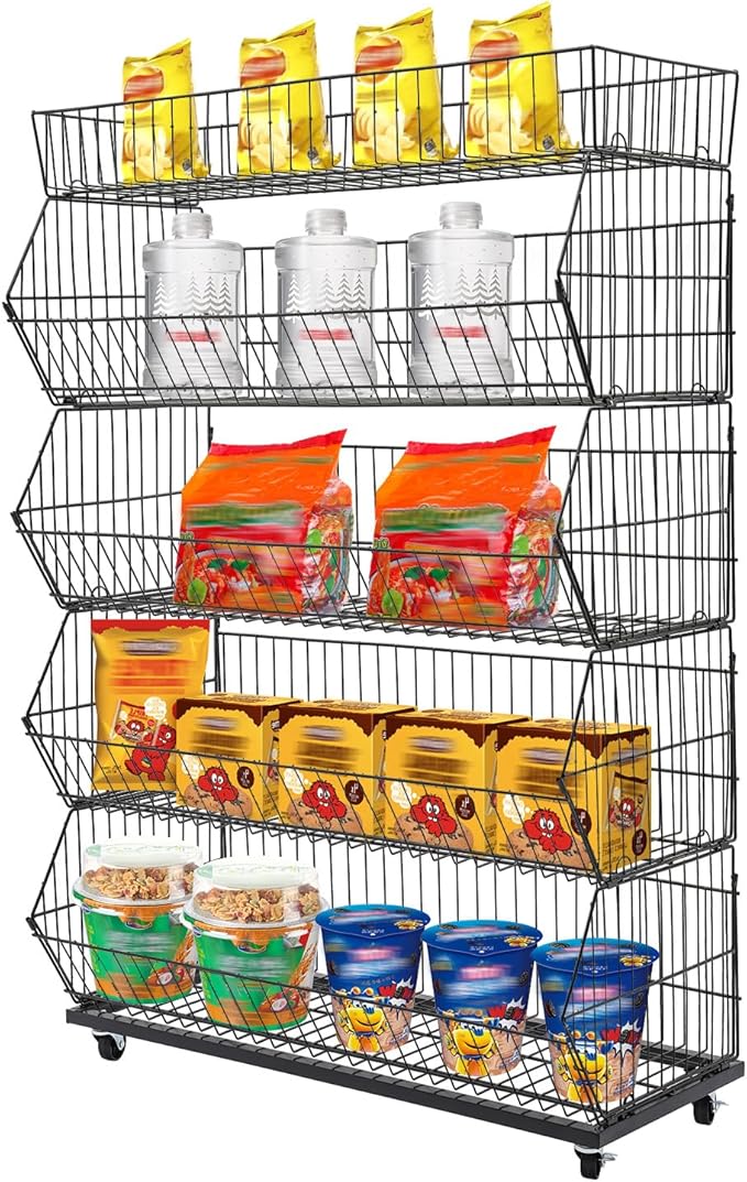 5 Tier Retail Display Rack, Rolling Storage Rack 5 Layers 35.43*16.93*53.54in Metal Display Shelf Fruit Vegetable Snack Basket Storage Supplies for Home Store Market (Black, 90*43*136cm)