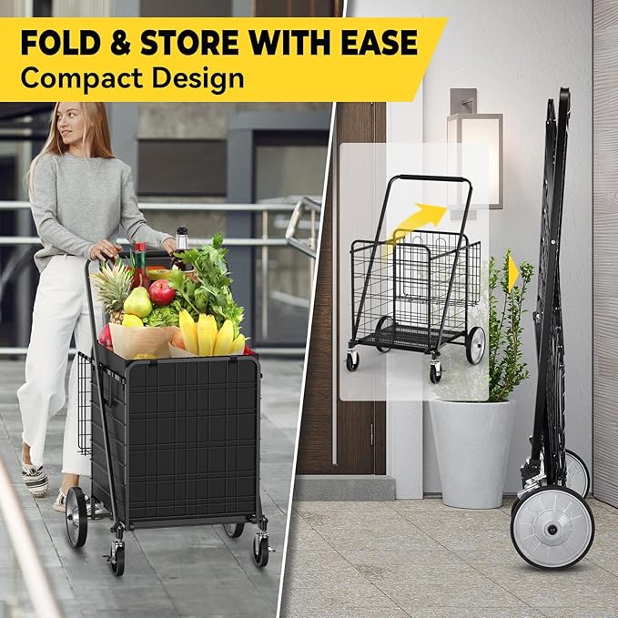5.7 Cu Ft Folding Shopping Cart - 600 LB Capacity Grocery Cart with 360° Braked Swivel Wheels - Heavy Duty Utility Cart with Double Basket & Removable Waterproof Liner with Lid for Laundry
