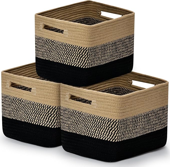 3 Pack Shelf Woven Storage Basket, Closet Rope Baskets For Organizing, 15 x 10 x 9” Square Bins with Handles, Black+Brown