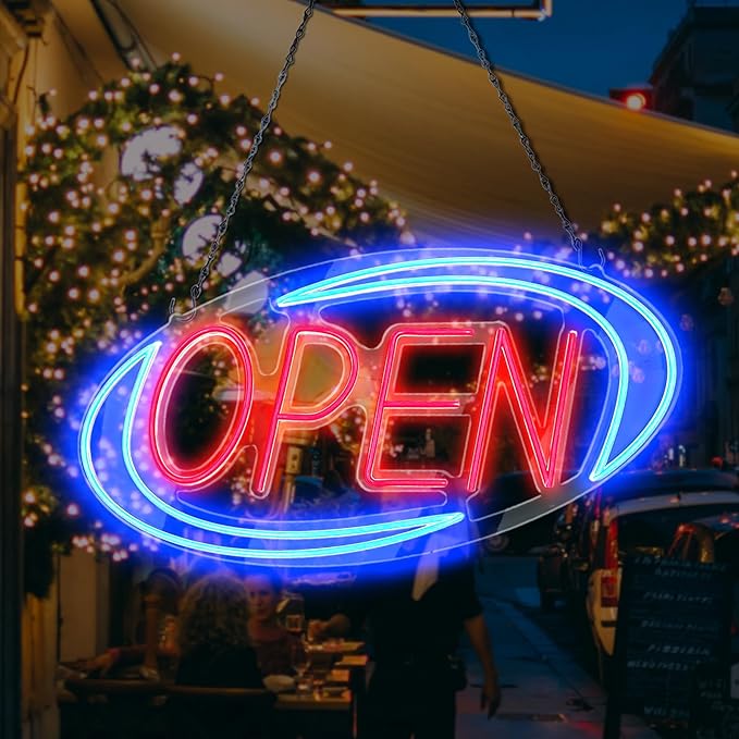 Open Signs for Business,Neon Open Sign Led,32"x 16",Remote Control Open/Closed Bussiness Hour Sign Set,Light for Bar Coffee Salon Store Window,12V/3A Adapter with ON/OFF Switch (Blue/Red Oval)