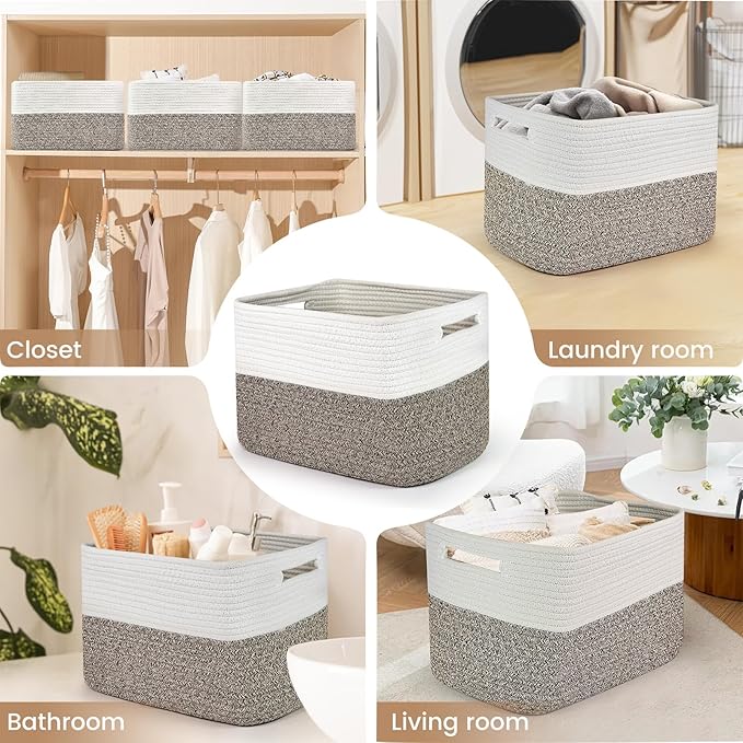 Shelf Woven Storage Basket, 15 x 10 x 9” Closet Rope Baskets For Organizing, Square Bins with Handles, White+Dark brown