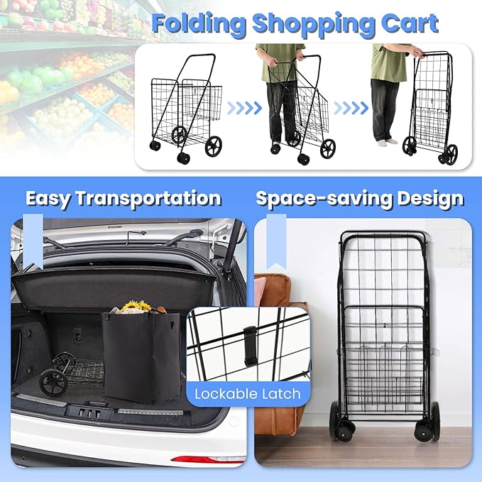 COSTWAY Folding Shopping Cart, Metal Grocery Cart with Extra Basket, 360° Swiveling Front Wheels & Comfortable Handle, Light Weight Collapsible Utility Cart for Laundry, Camping (Upgraded Black)