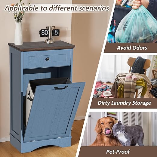 13 Gallons Tilt Out Trash Cabinet Freestanding Kitchen Trash Bin Cabinet Wood Garbage Recycling Cabinets with Hideaway Drawer Pet Proof Trash Can Holder for Kitchen Living Room, Blue