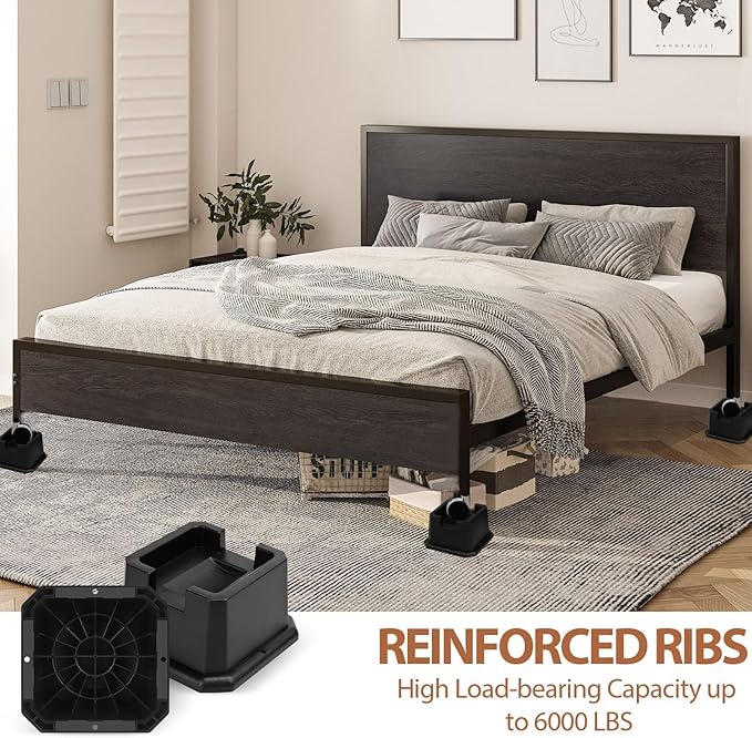 shouwuhho Bed Risers 3 inch, Furniture Risers Elevation in Heights 3 Inch Heavy Duty, Bed Lift Risers for Caster Wheels or Posts of Bed Table Couch, Support up to 6000 lbs, Black, 8 Pack
