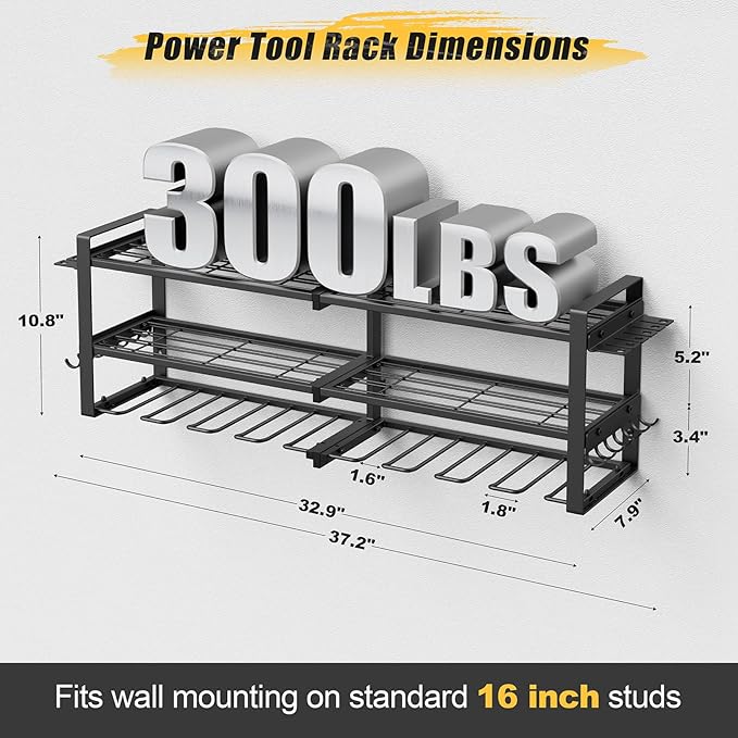 Power Tool Organizer Wall Mount, 3-Tier Tool Storage Rack with 8 Drill Holders, 300LBS Load Heavy Duty Cordless Tool Shelf for Garage Organization, Gift for Men