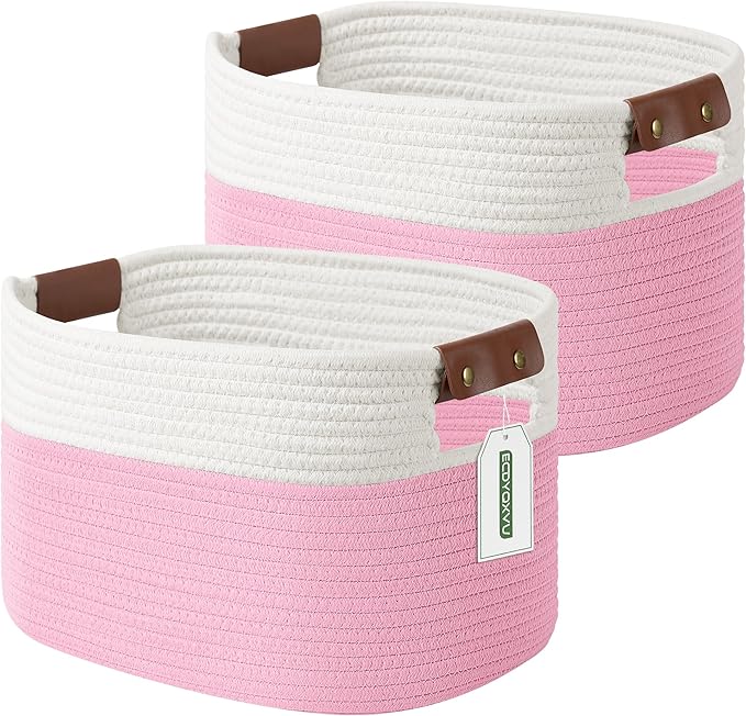 Cotton Rope Basket, Storage Baskets with Handle, 15x10x9 Inch Woven Basket for Shelves, Laundry, Towels, Clothes, Books (White/Pink 2Pack)