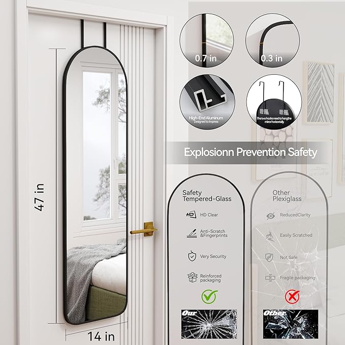 47x14 Mirror Full Length Back Door Hanging or Wall Mounted Aluminum Metal Frame Arch Mirrors for Entryway Bedroom Bathroom Dressing Living Room 47 14 inch Black