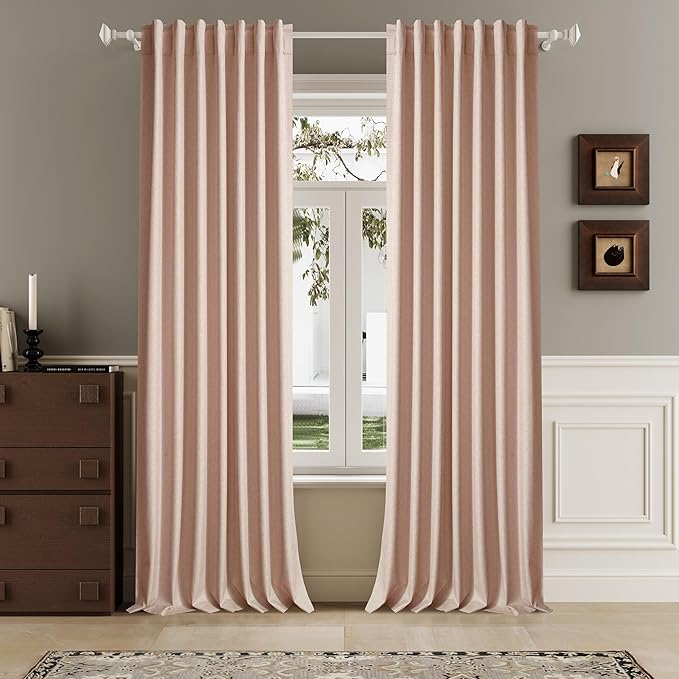 DUALIFE Blackout 96 Inches Long Baby Pink Curtains 2 Panel Set, Farmhouse Curtains for Living Room Darkening Thermal/Noise Reduction Textured Flax Linen Drape 8ft Rod Pocket&Back Tab 72W x 96L