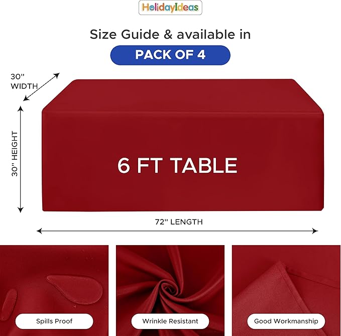 HolidayIdeas 4 Pack Red Fitted Tablecloth for 6ft Tables, 4-Sided Christmas Table Cover for Holiday Markets, Yard Parties, & Gift Tables, Wrinkle-Resistant Washable Xmas Decorations