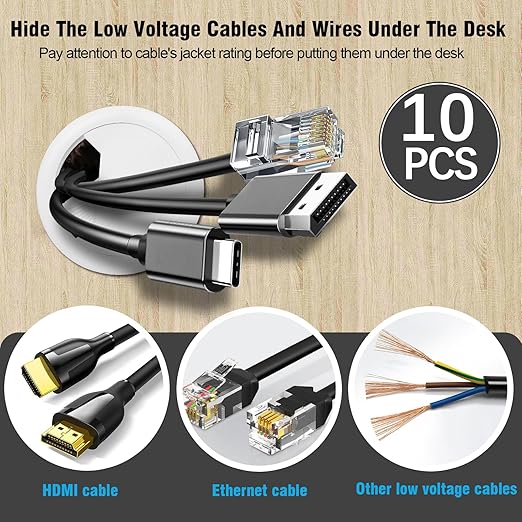 2-3/8" Spring Desk Grommet, JTemgle Plastic Cable Hole Cover Computer Table Cord Wire Organizer Caps Desktop Cord Management for Home Office TV Stands Tabletops - White, 10 Pcs