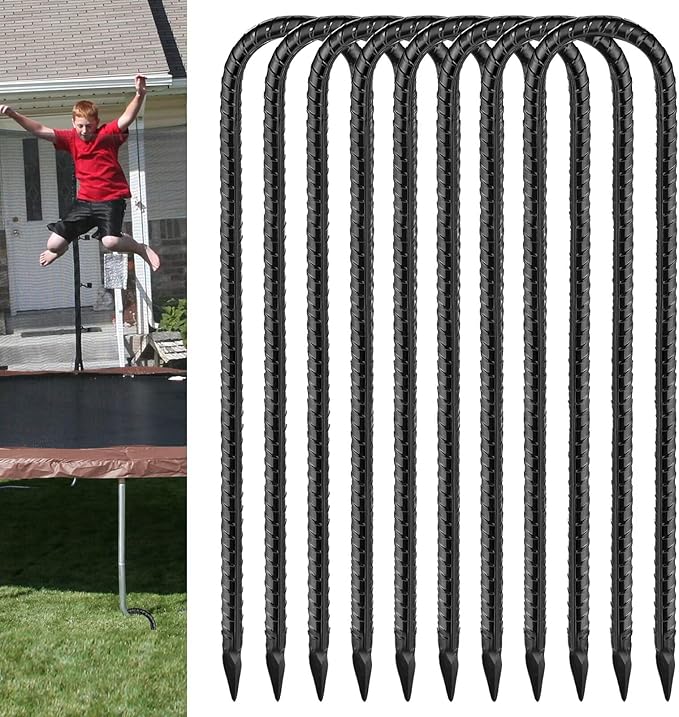 Rebar U Stakes 12 Inch - 8 Pack Black Galvanized Steel Heavy Duty Ground Anchors for Trampoline,Tent,Tarp,Soccer Goal,Garden Stake & Yard Art