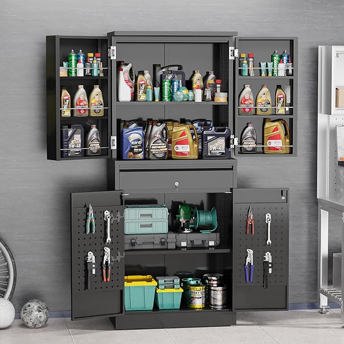VINGLI Metal Storage Cabinet with 4 Doors & 1 Drawer, 71'' Steel Locking Cabinet with 6 Door Hanging Shelves and Adjustable Shelves for Garage, Warehouse, Home Kitchen, Dining Living Room (Black)