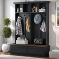 Merax Farmhouse Wood Hall Tree with Bench and Storage Drawers, 4-in-1 Coat Rack with 6 Hooks for Entrance, Hallway Black