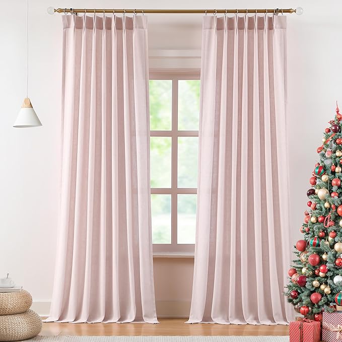 Vision Home Soft Pink Pinch Pleated Semi Sheer Curtains Textured Linen Blended Light Filtering Window Curtains 90 inch for Living Room Bedroom Pinch Pleat Drapes with Hooks 2 Panels 40" Wx90 L
