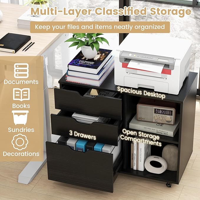 File Cabinet, Mobile Filing Cabinet w/Universal Wheels & 3 Drawers, Wood Printer Stand with Storage, Rolling File Cabinets for Home Office, Living Room, Bedroom (Black, 3 Drawers)