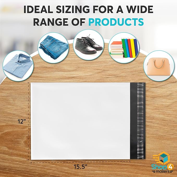 Shop4Mailers 12x15.5 3 Mil Heavy Duty Thick Large Shipping Poly Mailer Bags, Waterproof and Tear-Resistant Postal Package Envelopes, Permanent Adhesive Seal (500 Pack)