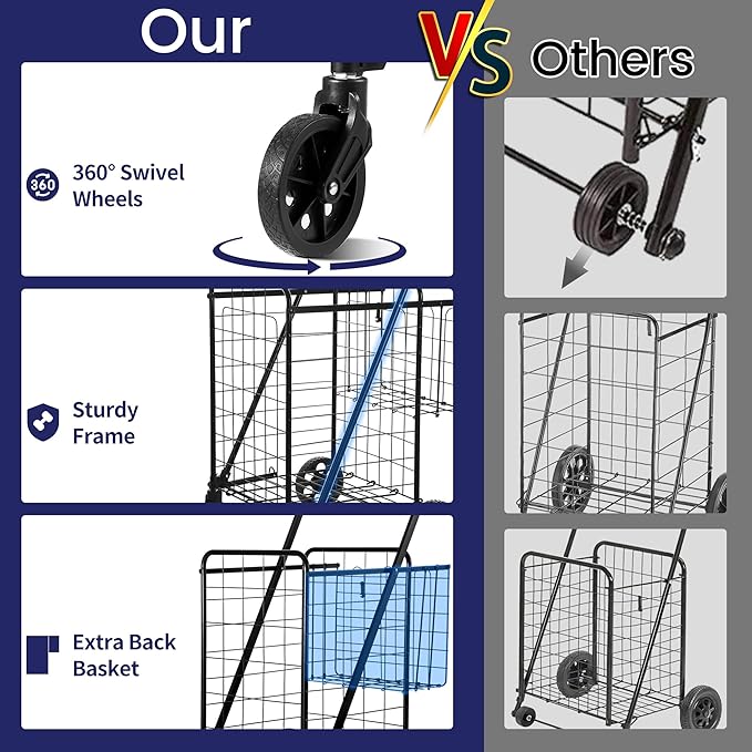 Folding Shopping Cart with Waterproof Liner, Grocery Cart Large Bag with Top Cover, 200 Lb Capacity, Utility Cart with 360° Rolling Swivel Wheels, Medium & Extra Basket
