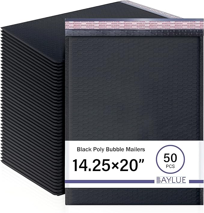 Black 14.25x20 Inch Poly Bubble Mailers #7 | Self Seal Large Padded Envelopes | Air Cushioned Bubble Mailer | Usable Size 14.25x19 Inch | Waterproof Lightweight Mailing Shipping Bags | 50 Pack Bulk
