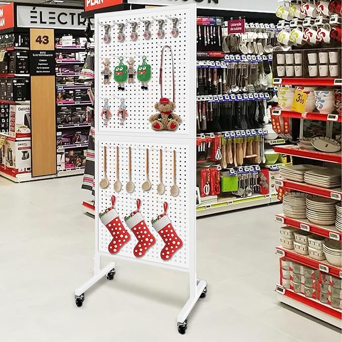 Royxen Metal Pegboard 2 x 5 Feet with 30 Hooks, Peg Board Display Stand with Wheels, Standing Pegboard Display, White