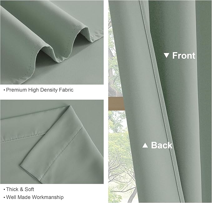 PONY DANCE Sage Green Small Curtains for Kitchen - Rod Pocket Blackout Thermal Insulating Curtain for Bedroom Bathroom, Light Green Drapes for Bedroom, Wide 34 x Long 45 inches, Set of 2