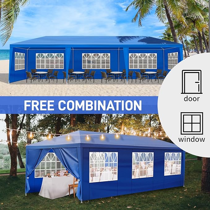 10x30 FT Party Tent, Outdoor Wedding Tents for Parties, Canopy Event Tent with 8 Removable Sidewalls, Waterproof Gazebo Shelter for Birthday Parties, Weddings, BBQs & Events (10X30FT-8Sides Blue)