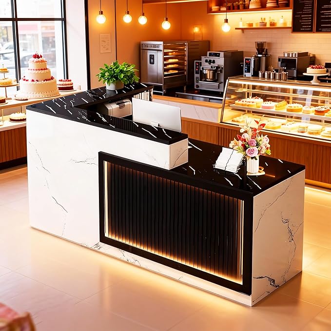 L-Shaped Reception Desk with Counter LED Light and Lockable Drawers and Storage Tall Modern Front Desk Reception Counter for Checkout Lobby Beauty Salon D Right 63inch/160cm