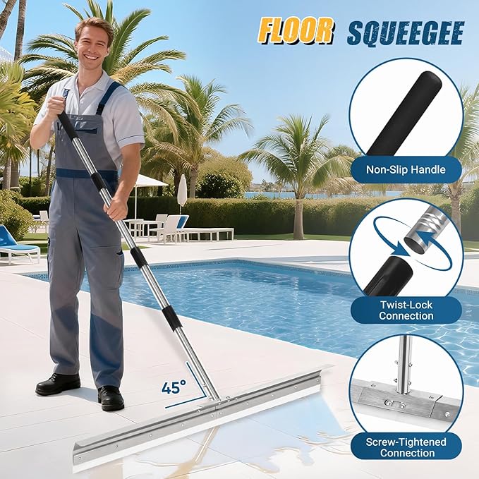 CAROD 33.4" Large Floor Squeegee for Concrete, Industrial Silicone Blade Squeegee for Floor with 63" Stainless Handle, Anti-Splash Curved Baffle Design for Garage, Factory, and Tough Cleaning Jobs