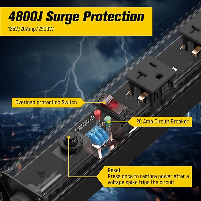HHSOET 16 Outlet Long Power Strip, 10FT Heavy Duty Power Strip with 4800J Surge Protection, 20a Mountable Wide-Spaced Outlets for Home, Office, Garage & Workshop - ETL Certified (Black)