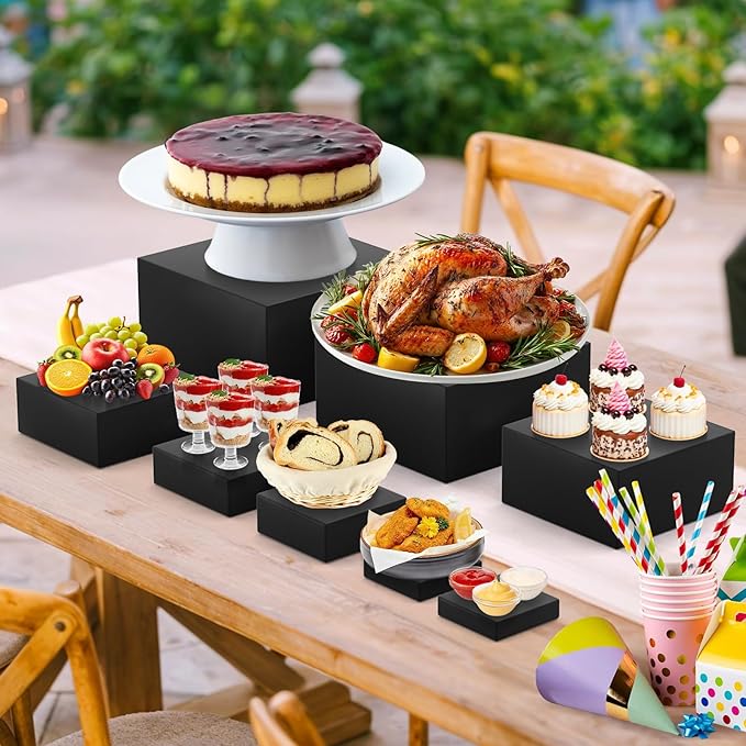 8 Pcs Buffet Food Risers, Large Acrylic Dessert Cupcake Table Stands Fruit Display Shelf Catering Supply Party Jewelry Show Decor Risers Cube Box Nesting Black （11",10", 8", 7",6",5",4", 4"