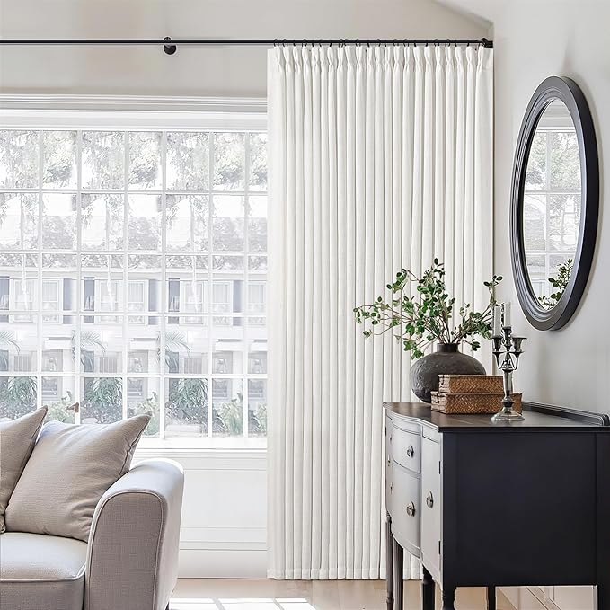 Off White Patio Sliding Door Curtains 100 Width 102 Inches Long Pinch Pleated Curtain Drape with Hooks Rings Light Filtering Semi Sheer Extra Wide 100x102 Drapes Panel for Living Dining Room