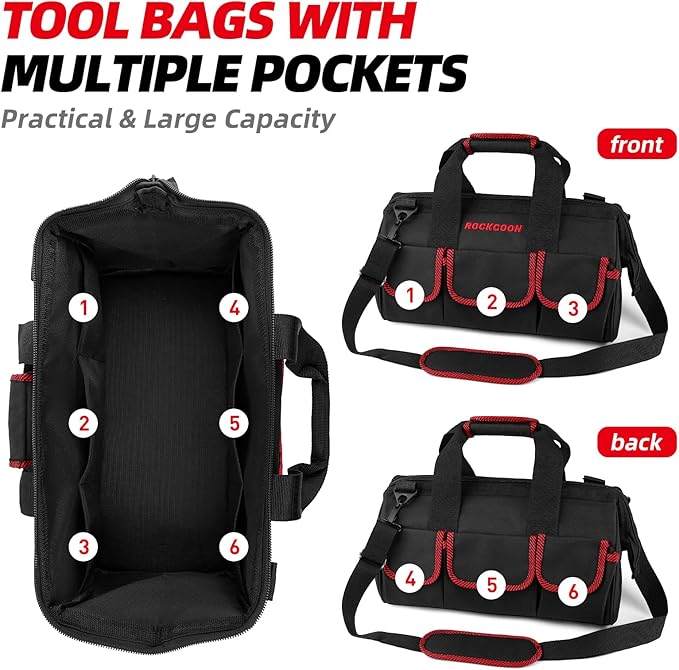 Tool Bag 16'', Multi-pocket Tool Organizer with Shoulder Strap, Heavy Duty Tote with for Tool Storage, Black & Red
