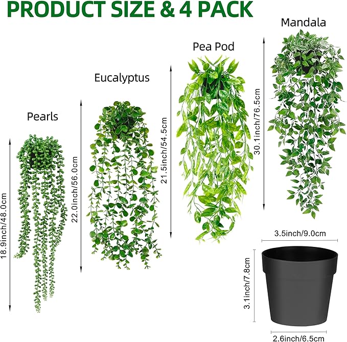Palonu Artificial Hanging Plants for Shelf, 4 Pack Fake Potted Greenery Faux Eucalyptus Vine, Mandala Vine, String of Pearls,Pea pod Leaves in Pot for Office Living Room Bathroom Indoor Outdoor Décor