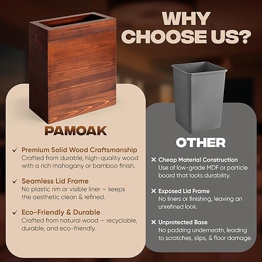 2.3 Gallons Rectangular Wooden Trash Can | Trash Can with Bin Liners | Decorative Waste Basket | Recycling Bin for Bathroom | Natural Wood Finish Basket for Kitchen | Paper Basket for Office