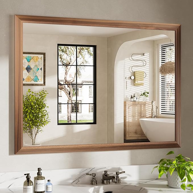 48x36 Inch Bathroom Mirror for Wall, Anti-Rust Walnut Wood Grain Metal Framed Bathroom Mirrors for Over Sink,Rectangler Mirrors for Bathroom Vanity, Farmhouse, Bedroom, Living Room, Entryway Decor