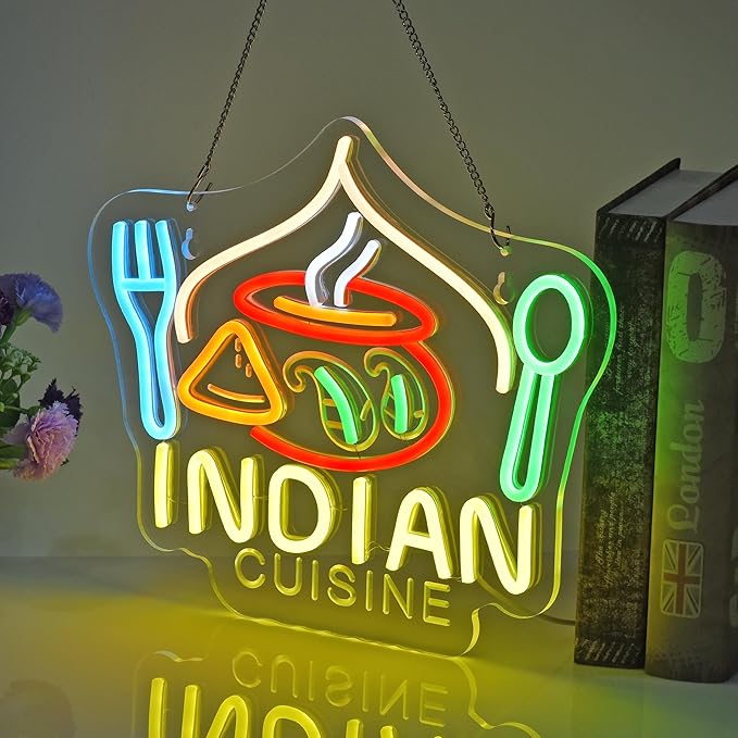 Indian Cuisine Neon Sign, Indian Food Neon Lights Hanging Wall Art Decoration for Indian Restaurant Fast Food Shop/Truck, Bar, Pub, USB Powered Ultra Bright Dimmable, 14.96×12.6 inches