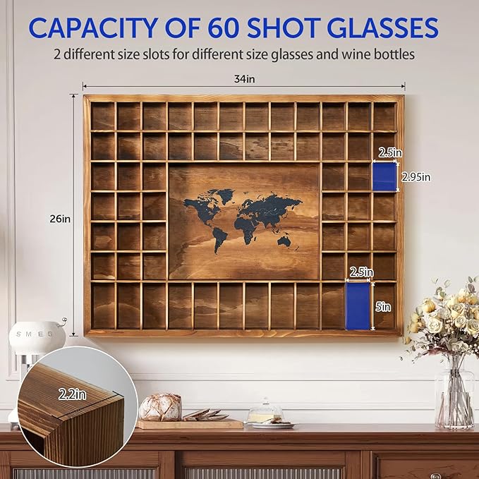 Large World Map Shot Glass Display Case 60 Slots 34 X 26''Rustic Brown Wood Holder for 2 Different Size Shot Glass In Living Rooms Bars Wine Cellars Used for Jewelry Stones & Shell