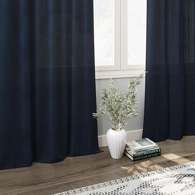 Navy Blue Boho Curtains for Bedroom Back Tab Rod Pocket Semi Sheer Linen Curtains 90 Inches Long 2 Panel Set Light Filtering Neutral Indigo Blue Farmhouse Drapes for Living Room 40x90 Inches