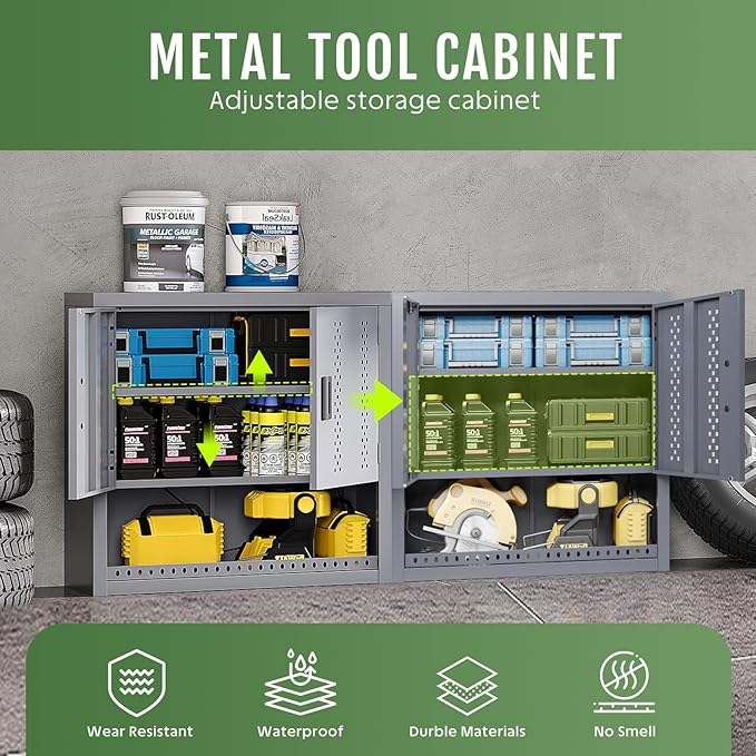 Metal Garage Wall Cabinet, Wall Mounted Storage Cabinets with Doors, Floating Steel Cabinet with Adjustable Shelves and Open Drawer, Heavy-Duty Tool Organizer for Warehouse, Basement, Kitchen